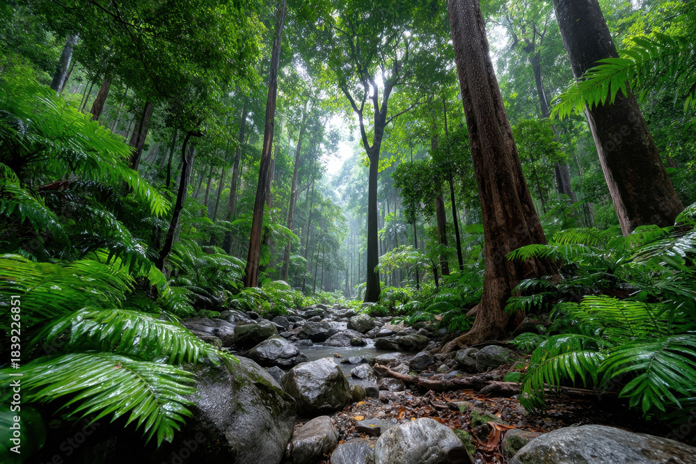 Fototapeta premium Misty rainforest stream with lush green ferns and trees