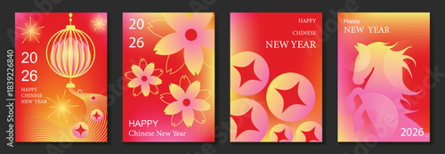 Chinese New Year 2026 horse vector greeting card illustration with red lanterns golden ribbons and floral gradient background. Festive lunar new year design for invitation poster banner decoration.