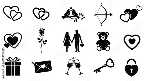 Collection of Valentine's Day Icons Featuring Hearts Love Birds and Gifts Keywords: heart, love, valentine, romance, symbol