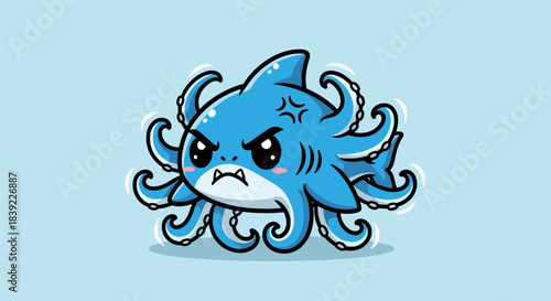 Angry blue sharktopus cartoon character with tentacles and sharp teeth.