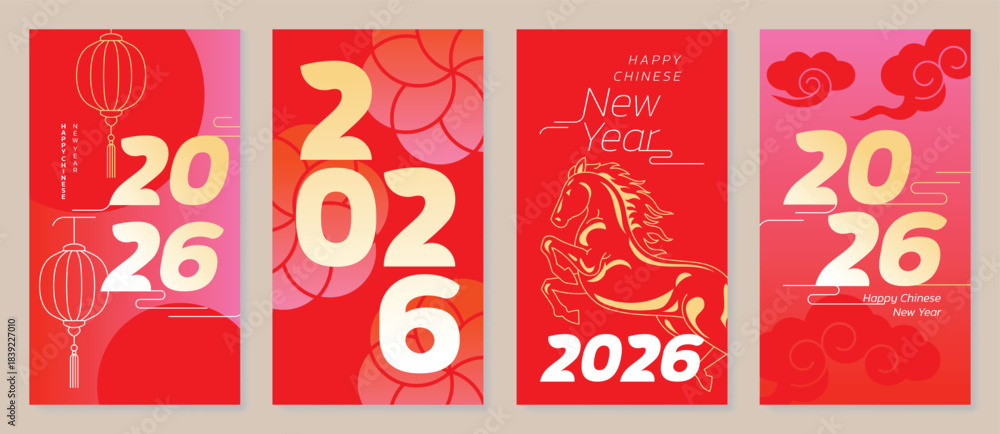Naklejka premium Chinese New Year 2026 horse vector greeting card illustration with red lanterns golden ribbons and floral gradient background. Festive lunar new year design for invitation poster banner decoration.