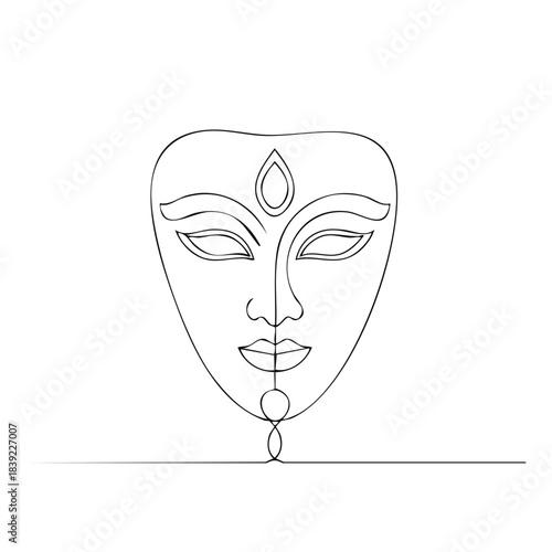 Minimalist line drawing of a facial mask with a third eye and sacred geometry elements, creating a mystical and spiritual illustration.