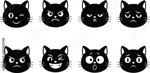 Black cat faces with various expressions in a repeating pattern design