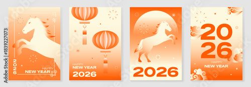 Chinese New Year 2026 horse vector greeting card illustration with red lanterns golden ribbons and floral gradient background. Festive lunar new year design for invitation poster banner decoration.