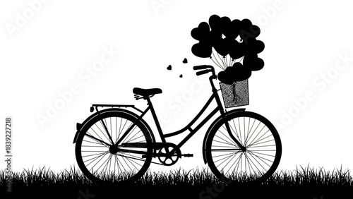 Silhouette of a Bicycle with Heart Balloons in a Basket on Grass Keywords: bicycle, bike, heart, balloon, love, romance, grass