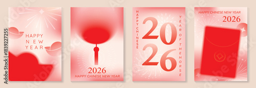 Chinese New Year 2026 horse vector greeting card illustration with red lanterns golden ribbons and floral gradient background. Festive lunar new year design for invitation poster banner decoration.
