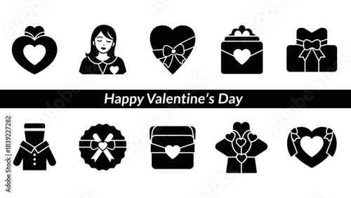 Valentine's Day Icons and Symbols Collection in Black and White Keywords: valentine, valentine's day, heart, gift, present