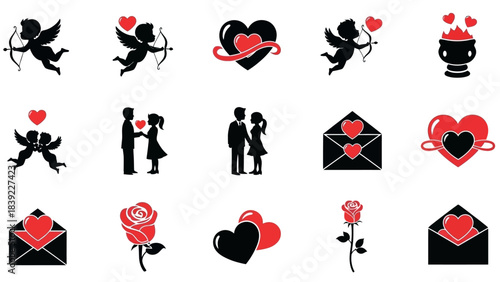 Valentine's Day Icons with Cupid, Couples, Roses, and Hearts envelope