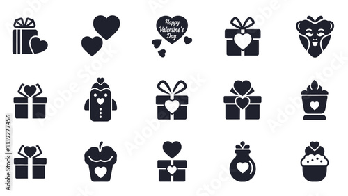 Valentine's Day Icons with Gifts Hearts and Cute Characters valentine day love