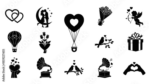 Valentine's Day silhouette icons with hearts and romantic symbols Keywords: valentine's day, love, romance, heart, couple