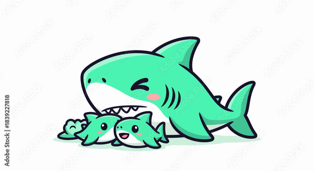 Fototapeta premium Cute cartoon shark family with happy parent and two adorable baby sharks.