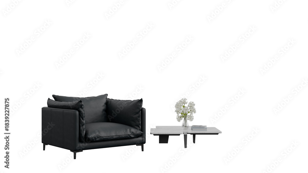 Fototapeta premium 3D Render a black chair and a white table with flowers