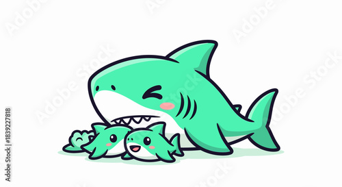Cute cartoon shark family with happy parent and two adorable baby sharks.