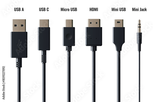 USB connector collection with various cable types - USB A and C, micro and mini, HDMI and audio jack. Realistic 3D black cables equipment with chrome ports for device charging and data connection.