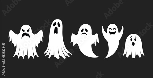 Collection of playful white ghost characters on a dark background for halloween