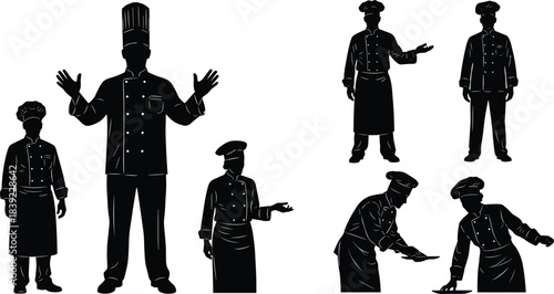 Professional chefs and cooks silhouettes vector set, diverse culinary staff standing, bowing, and gesturing, wearing traditional uniform and toque, flat black icon.