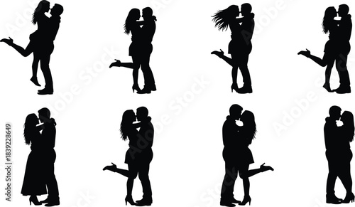 Romantic couples in love kissing and hugging silhouettes vector set, man and woman embracing passionately, expressing intimacy and affection, flat black icon.