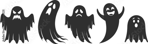 Spooky silhouettes of ghostly figures against a stark white background