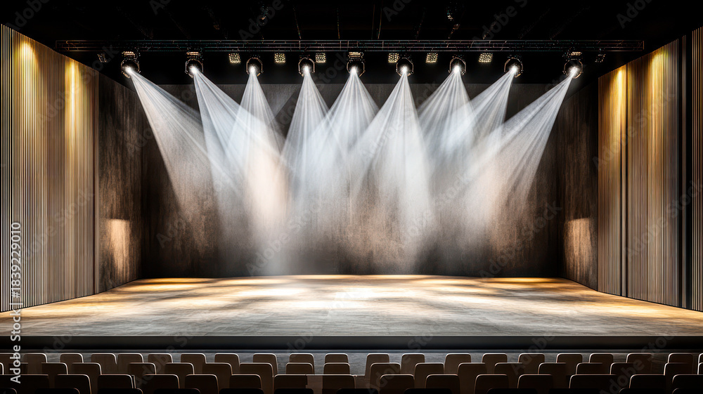 Fototapeta premium Interior of a modern theater, concert hall with red curtains. Stage is illuminated with spotlights. White smoke in the air