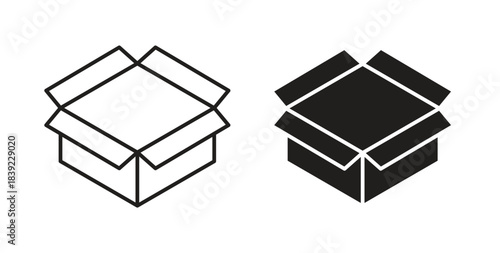 Open box icons in line designs. solid silhouette style in black