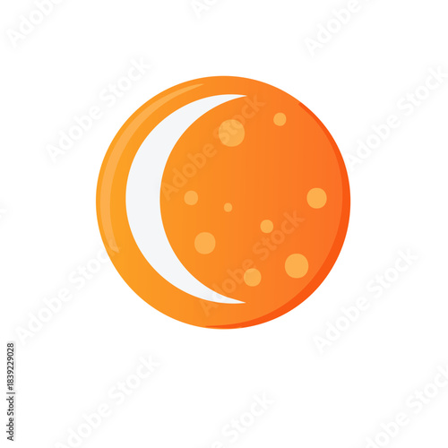 Orange round moon with craters and white crescent symbol, night sky element or decoration, circle celestial body