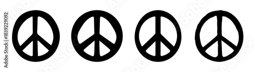 Four black peace symbols arranged horizontally emphasizing global harmony and nonviolence