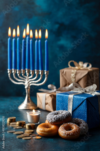 A blue festive Hanukkah composition highlights a lit menorah, traditional treats, coins, and gifts for a welcoming holiday mood.