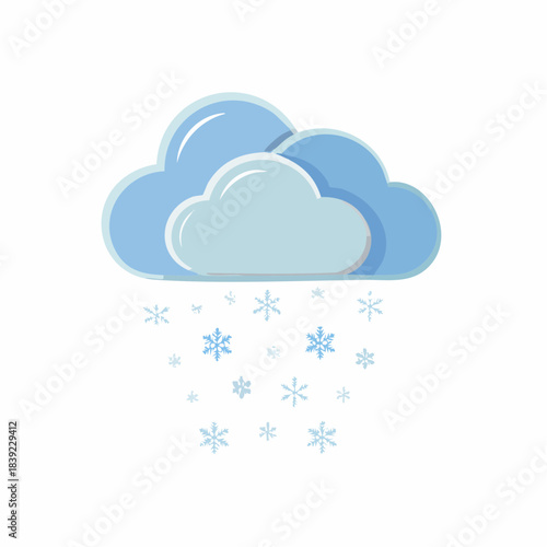Clean and modern vector icon showcasing light blue clouds gently releasing a flurry of delicate snowflakes, perfect for weather applications or digital winter season designs
