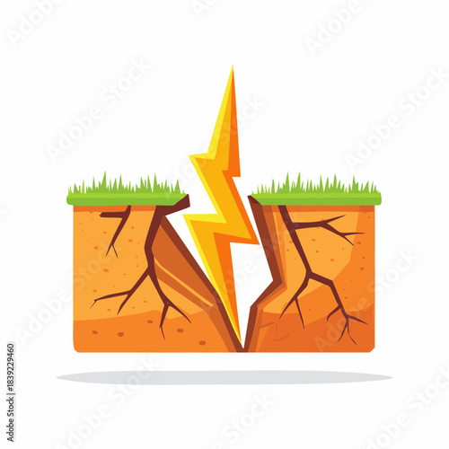Dynamic illustration of a severe ground split with green grass, featuring a powerful lightning bolt, symbolizing sudden natural disaster, environmental disruption, and the force of earth's separation