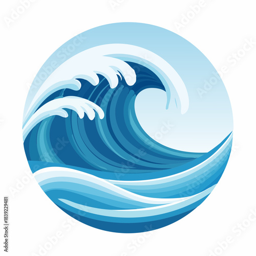 Stylized ocean wave in a vibrant blue palette, cresting with foam within a circular emblem, symbolizing the natural power and fluid motion of the sea