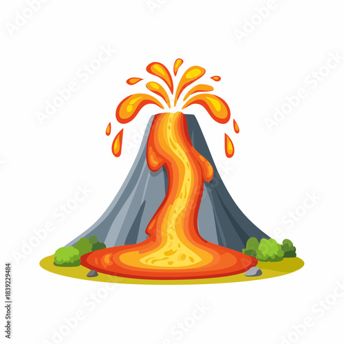 Illustration of a volcano erupting with lava flowing down its side, surrounded by lush green vegetation