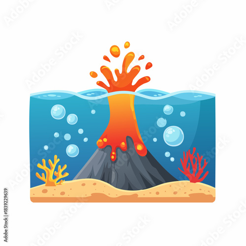 Volcanic eruption underwater, spewing lava and ash into the ocean, creating a dramatic natural spectacle with coral and bubbles