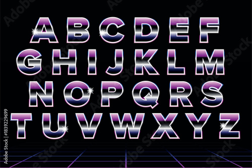 Retrowave chrome alphabet set with neon gradient letters, 1980s synthwave typography design