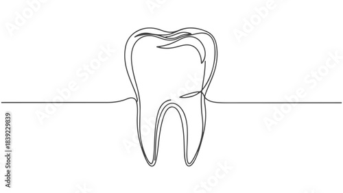 A single continuous line drawing of a human tooth on a clean white background, symbolizing dental health and care.