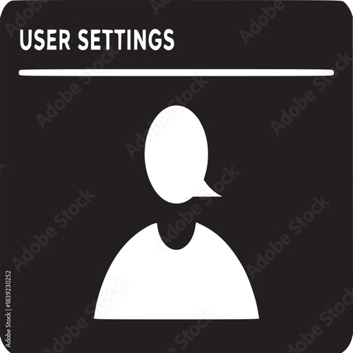 A black and white image showing a user settings icon with a person and speech bubble symbol 100 char