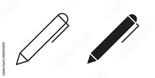 Pen icons in line designs. solid silhouette style in black