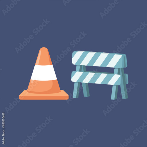 The image features an orange traffic cone with a white band and a blue and white striped construction barrier on a plain blue background.