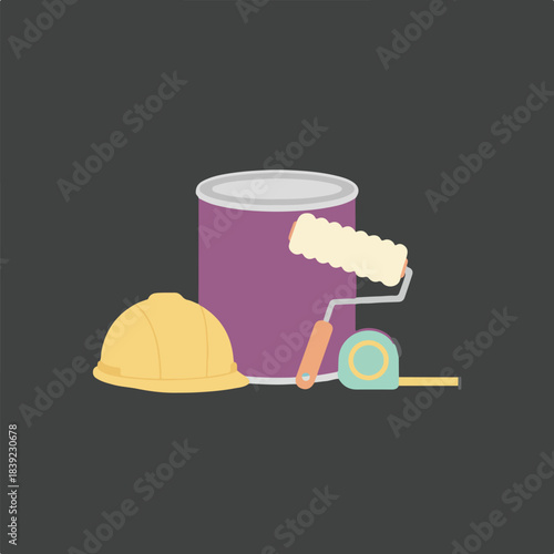 A collection of home improvement and construction tools, including a hard hat, paint can, roller, and tape measure, on a dark background.