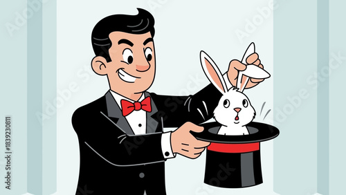 Magician performing a classic rabbit-out-of-hat trick in a whimsical stage setting
