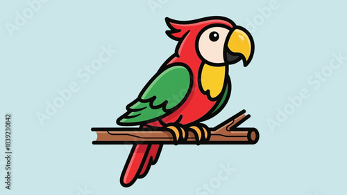 Colorful parrot perched on a branch against a light blue background, showcasing vibrant feathers