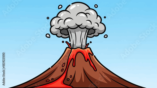 Cartoon volcano erupting with ash and lava against a clear blue sky, illustrating natural disaster