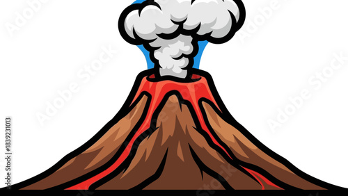 Erupting volcano with ash clouds and lava flow, set against a clear blue sky