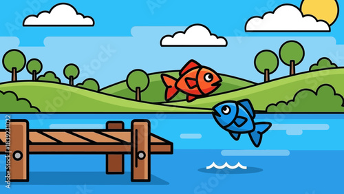 Colorful cartoon fish jumping above a wooden dock in a serene lake surrounded by green hills