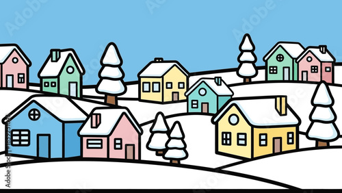 Colorful winter landscape with cartoon houses and snow-covered hills under a blue sky