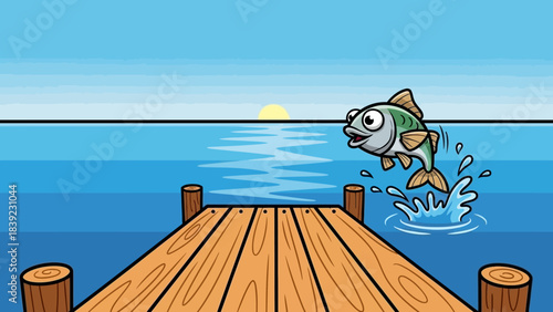 Cartoon fish jumping out of water near a wooden dock at sunset, playful scene
