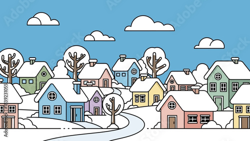 Colorful winter village scene with snow-covered houses and trees under a bright blue sky