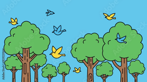 Colorful birds flying among lush green trees against a bright blue sky, creating a vibrant scene