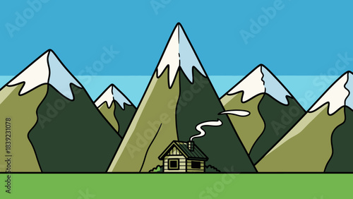 A cozy cabin nestled among towering snow-capped mountains under a clear blue sky