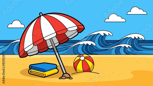 Colorful beach scene with an umbrella, towels, and a beach ball, waves crashing in background