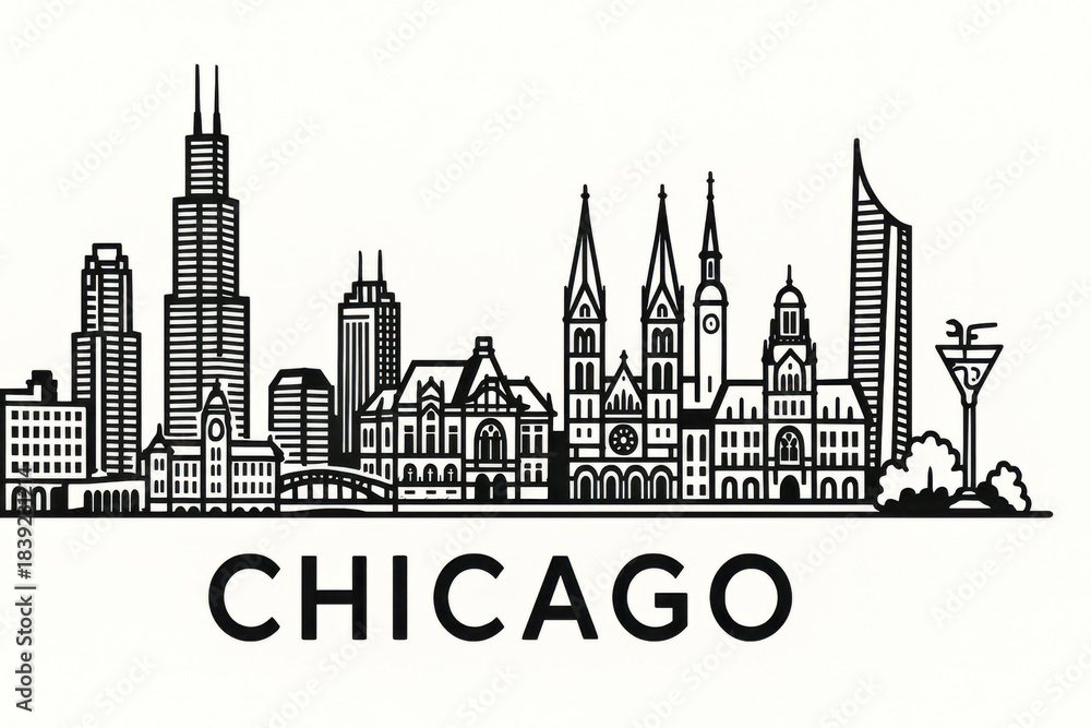 Naklejka premium Chicago. USA Panorama.black and white logo illustration